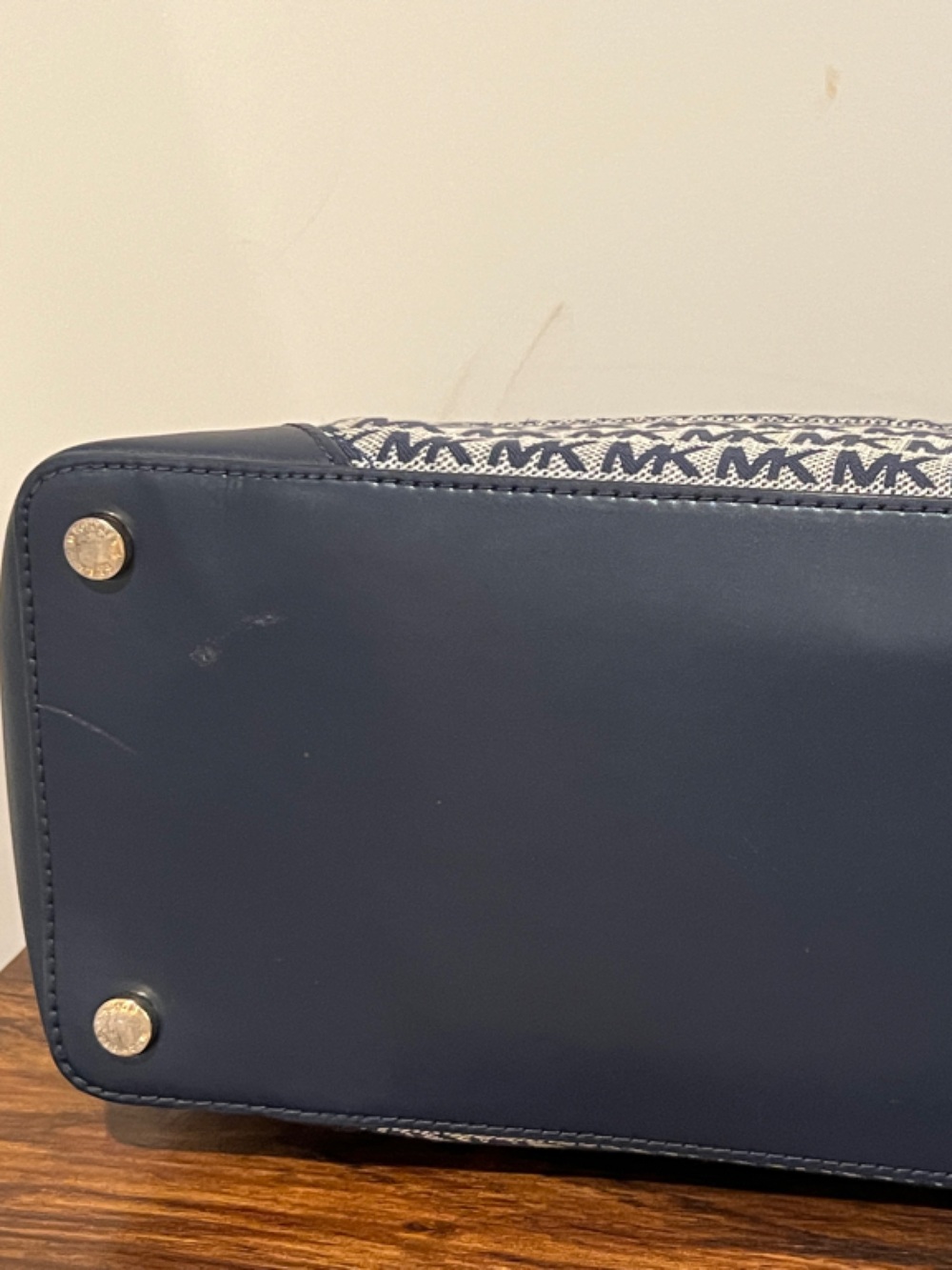 Michael Kors Aria LG Tote Bag Navy Signature MK Monogram Large Shoulder Bag - Picture 8 of 12